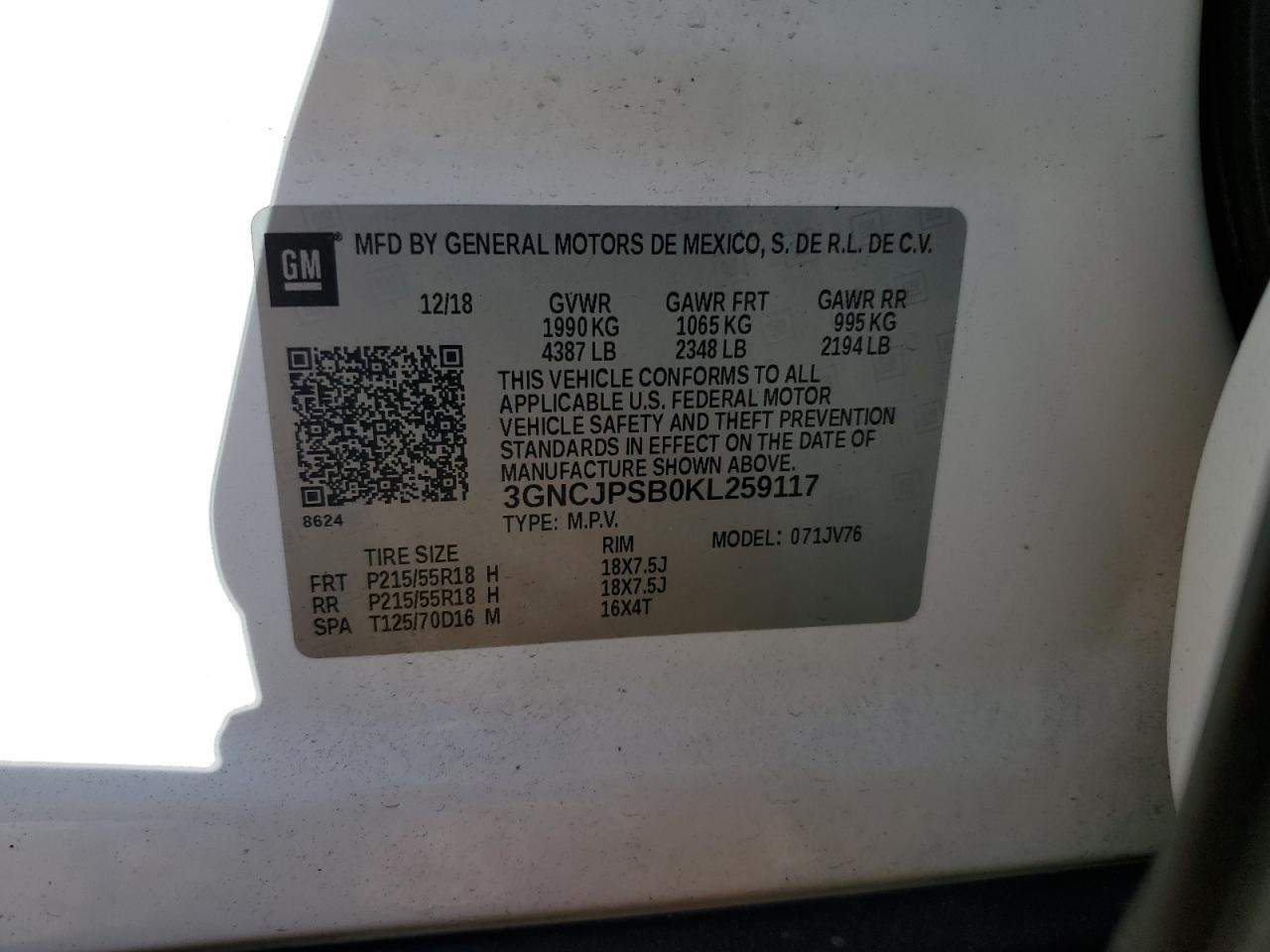 2019 Chevrolet Trax 1Lt VIN: 3GNCJPSB0KL259117 Lot: 82511575