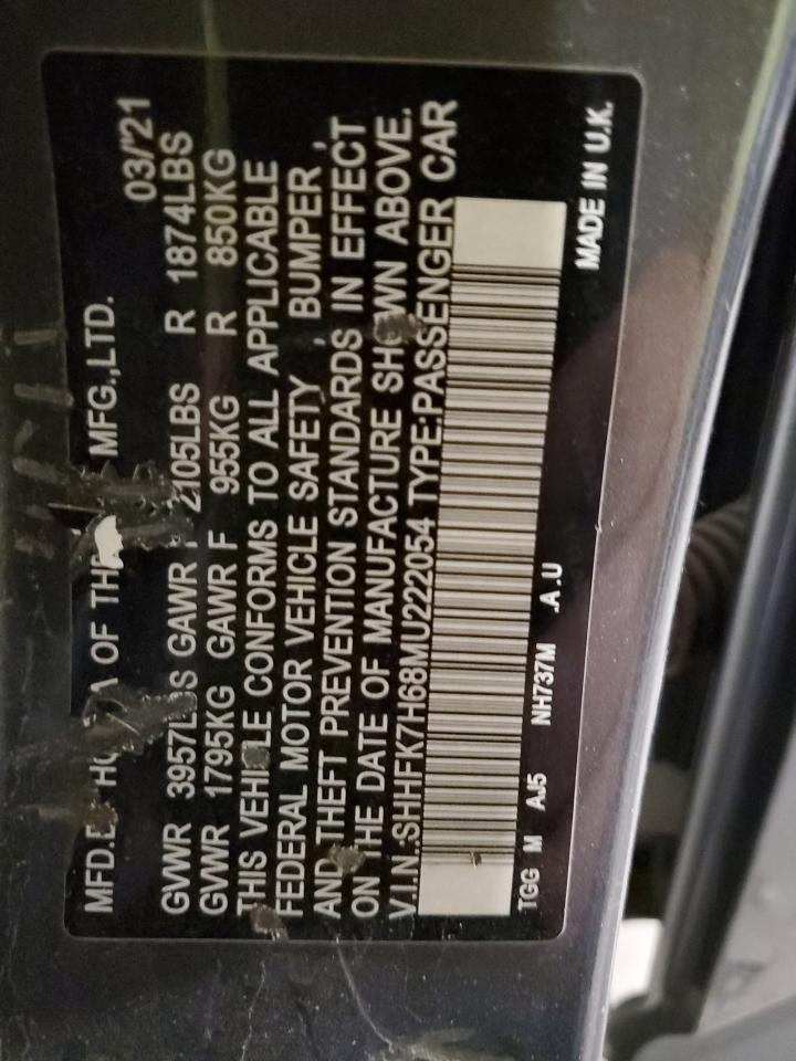 2021 Honda Civic Ex VIN: SHHFK7H68MU222054 Lot: 82404195