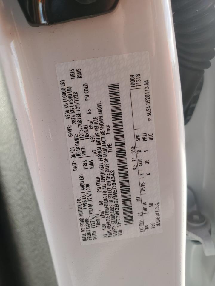 2021 Ford F250 Super Duty VIN: 1FT7W2B67MED94342 Lot: 84939145