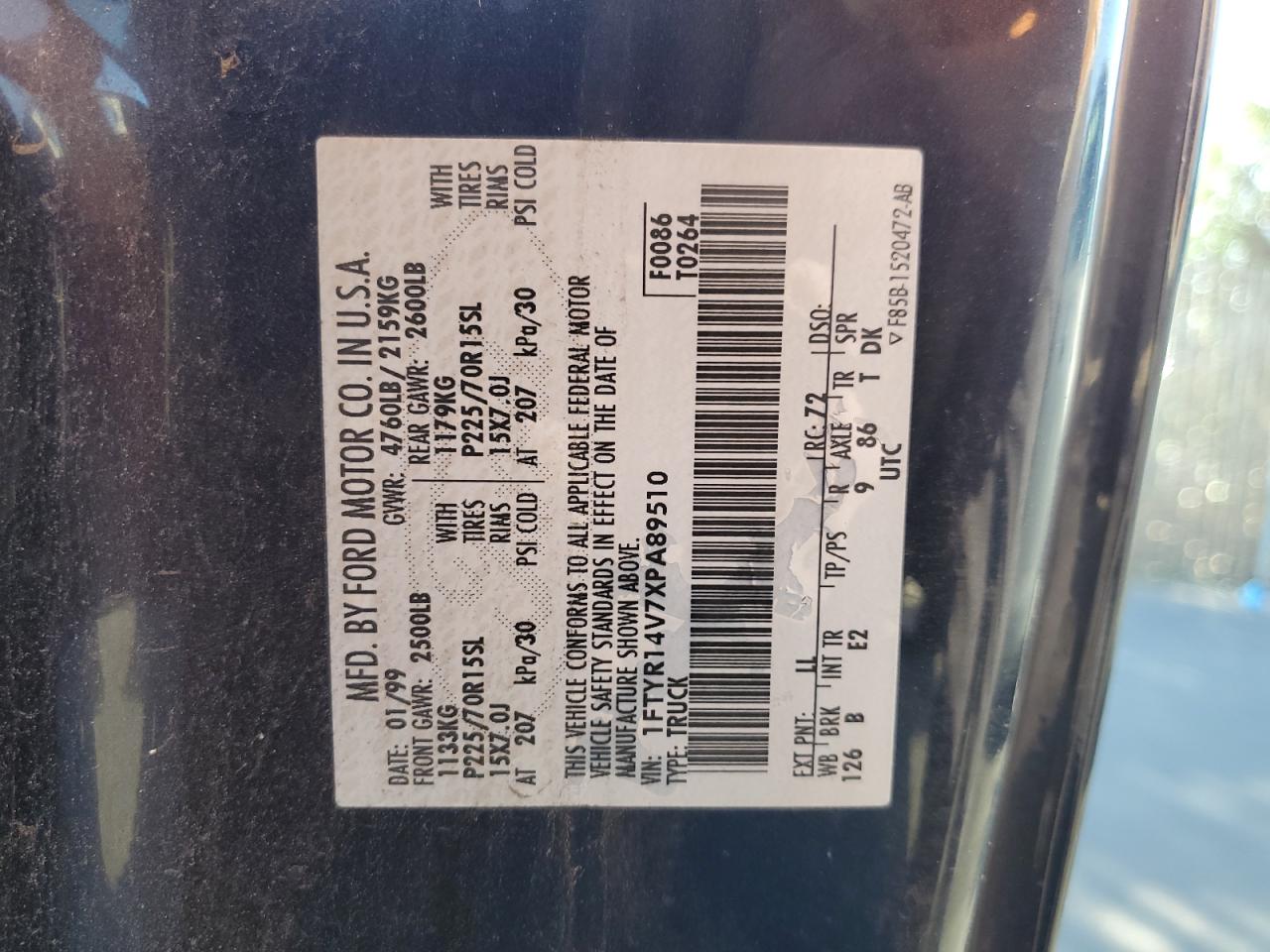 1999 Ford Ranger Super Cab VIN: 1FTYR14V7XPA89510 Lot: 91013425