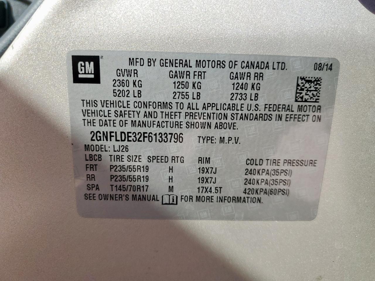 2015 Chevrolet Equinox Ltz VIN: 2GNFLDE32F6133796 Lot: 86305865