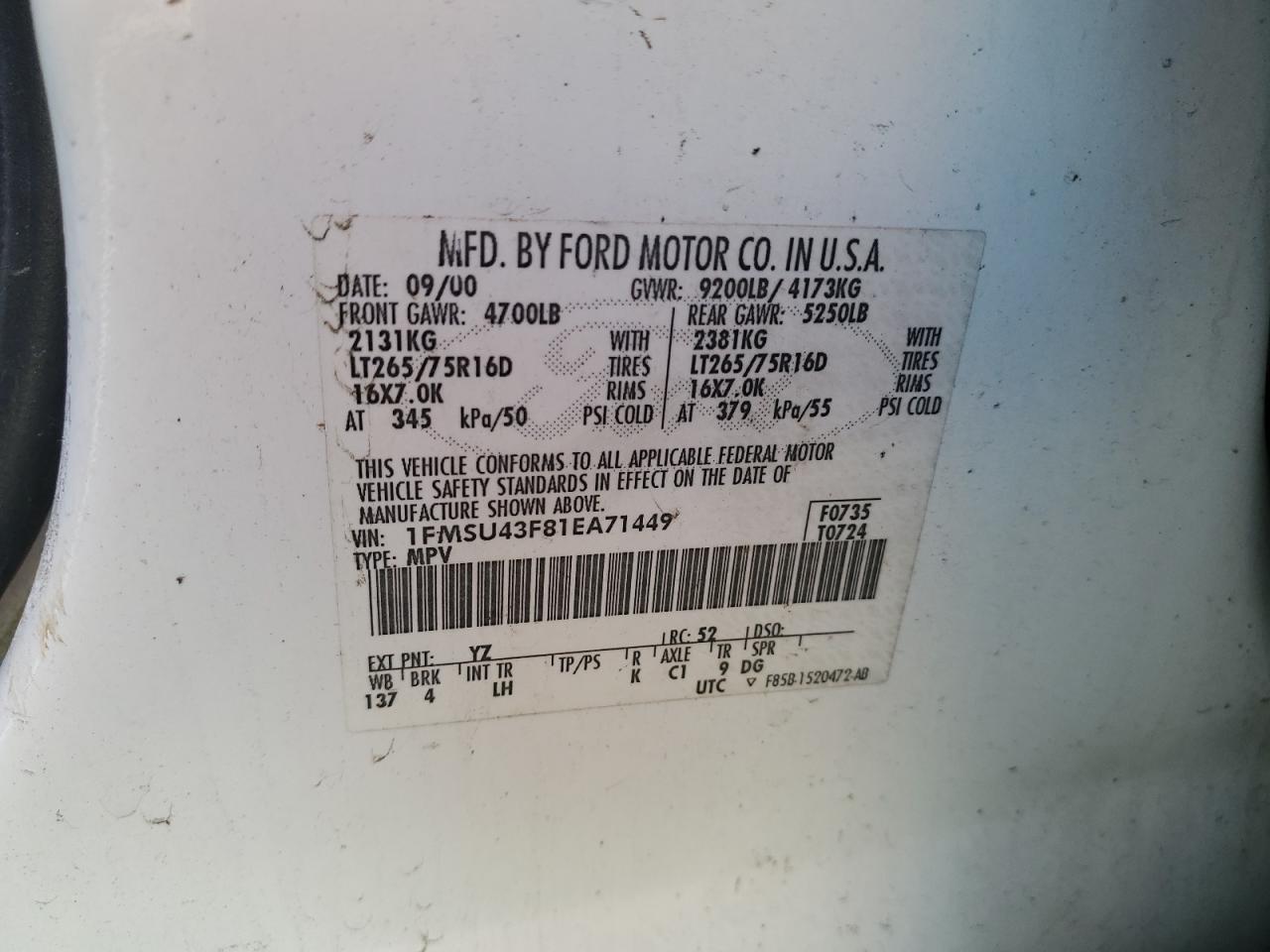 2001 Ford Excursion Limited VIN: 1FMSU43F81EA71449 Lot: 85309505