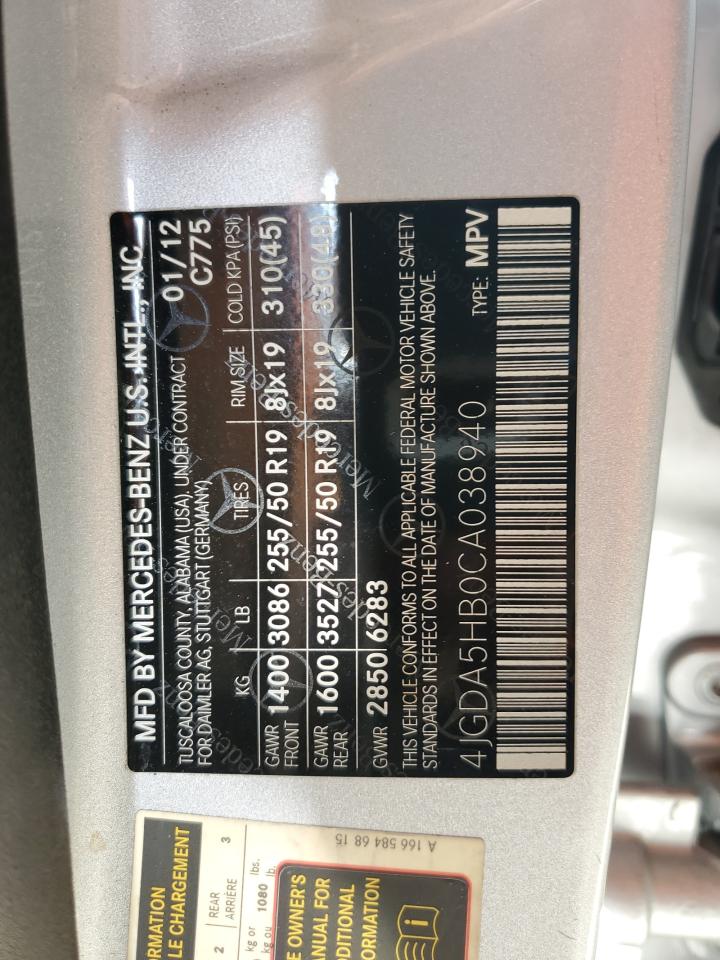 2012 Mercedes-Benz Ml 350 4Matic VIN: 4JGDA5HB0CA038940 Lot: 85148265