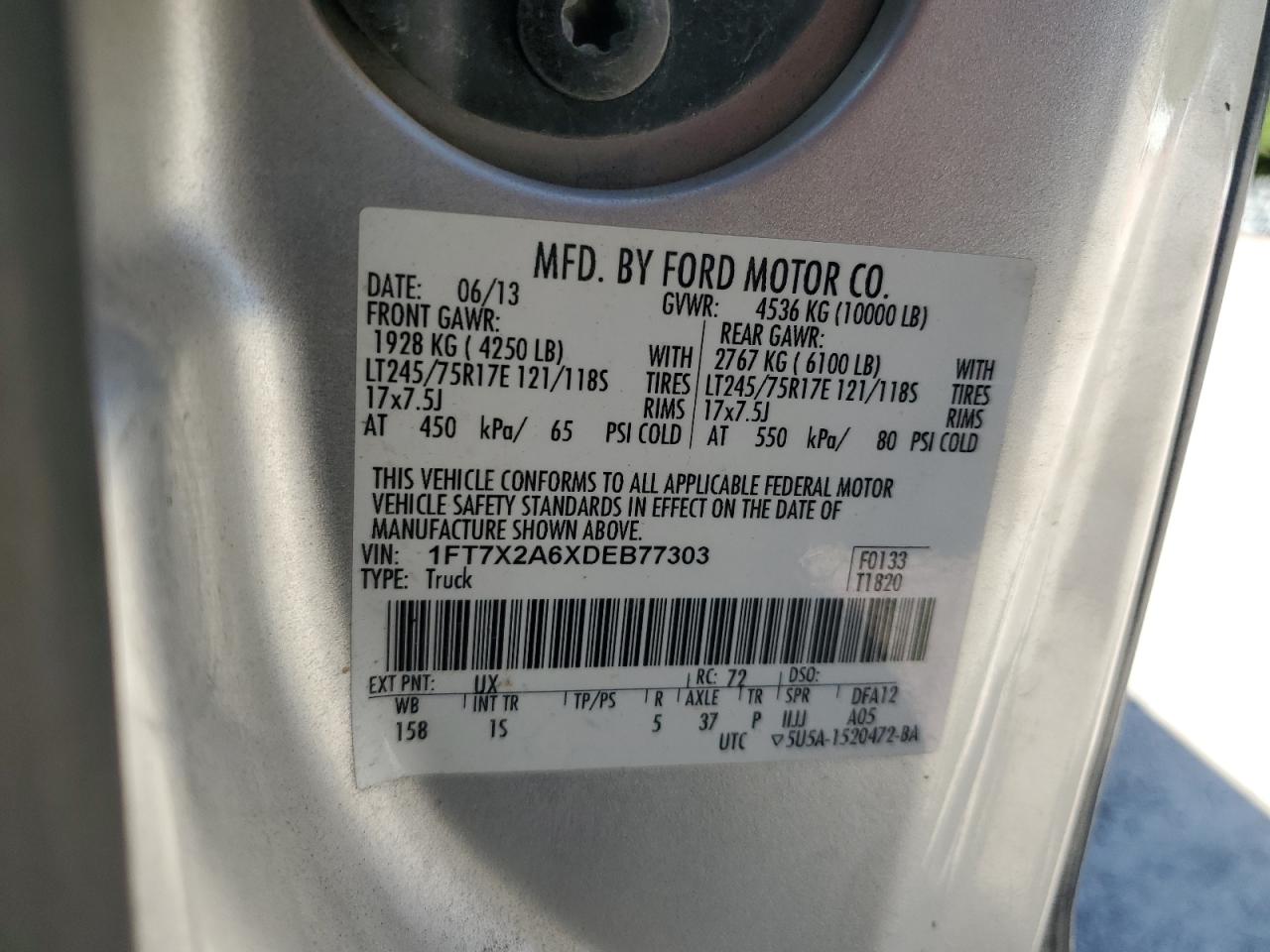 2013 Ford F250 Super Duty VIN: 1FT7X2A6XDEB77303 Lot: 84837885