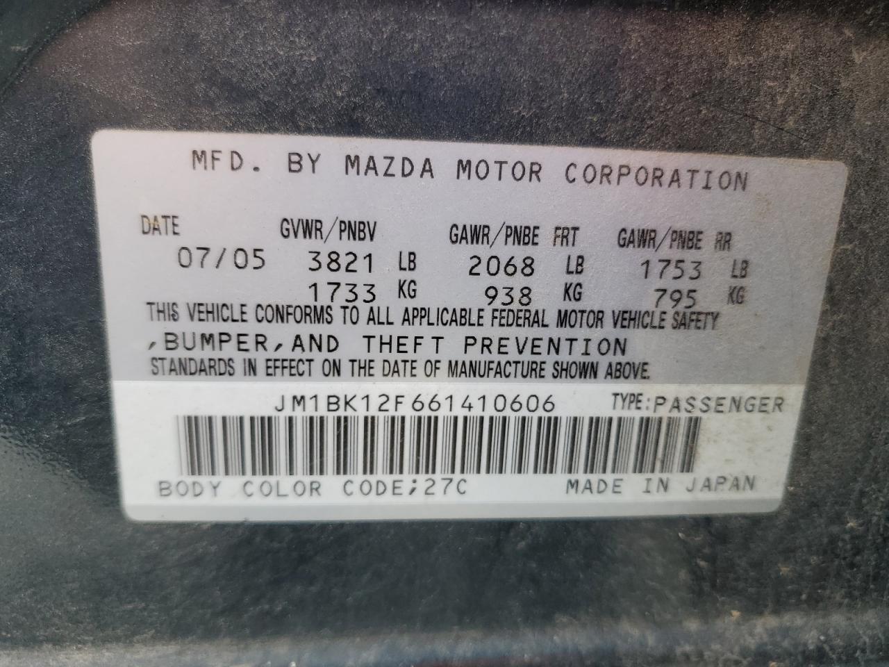 2006 Mazda 3 I VIN: JM1BK12F661410606 Lot: 84068705