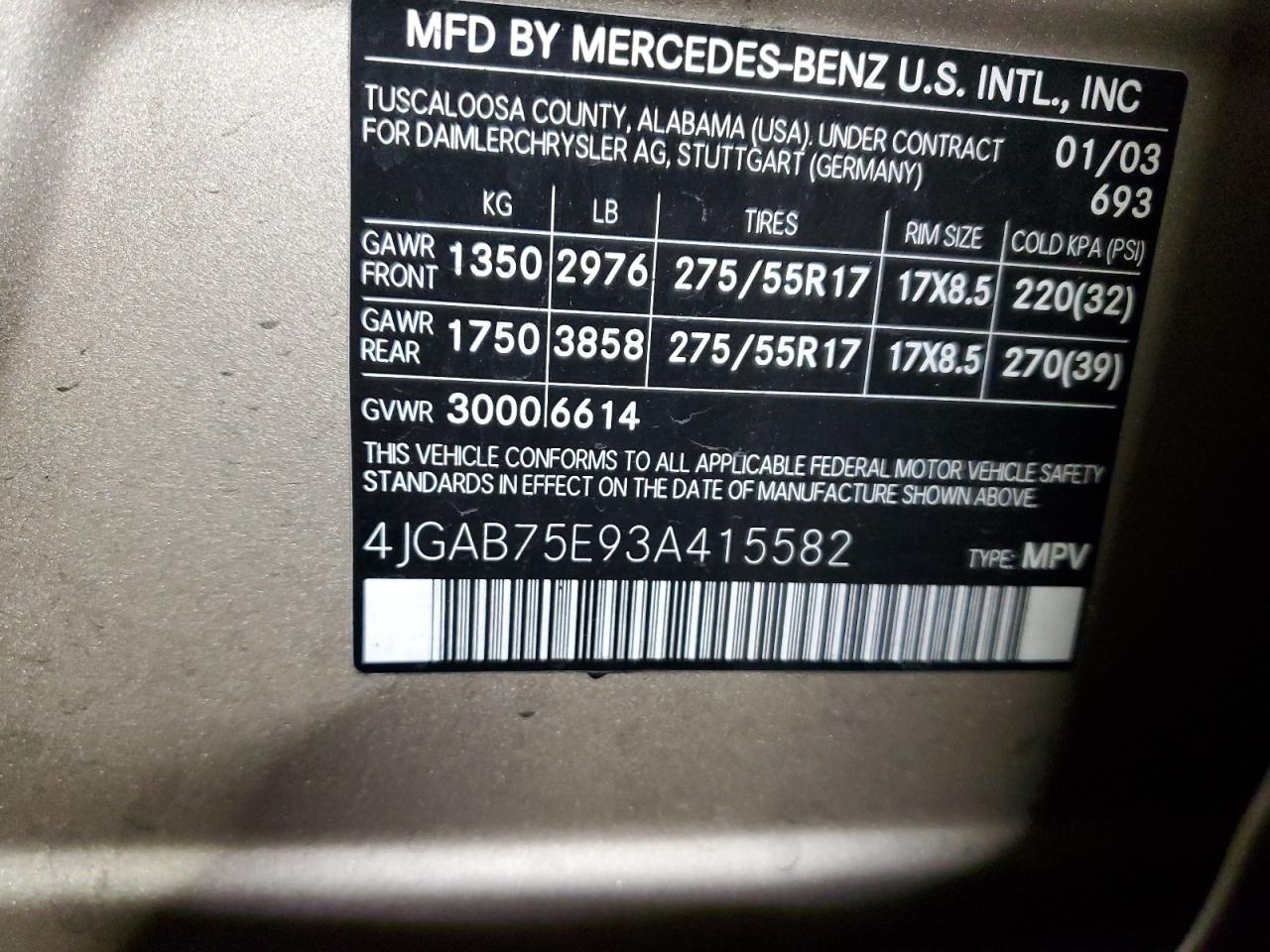 2003 Mercedes Benz Ml 500 VIN: 415582 Lot: 86542365