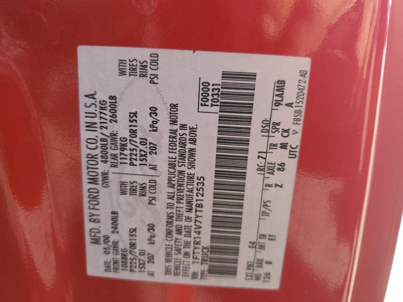 2000 Ford Ranger Super Cab VIN: 1FTYR14V7YTB12535 Lot: 85687055