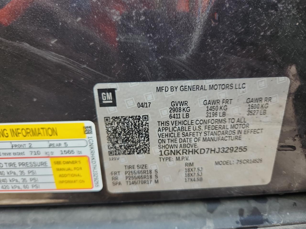 2017 Chevrolet Traverse Lt VIN: 1GNKRHKD7HJ329255 Lot: 81942105