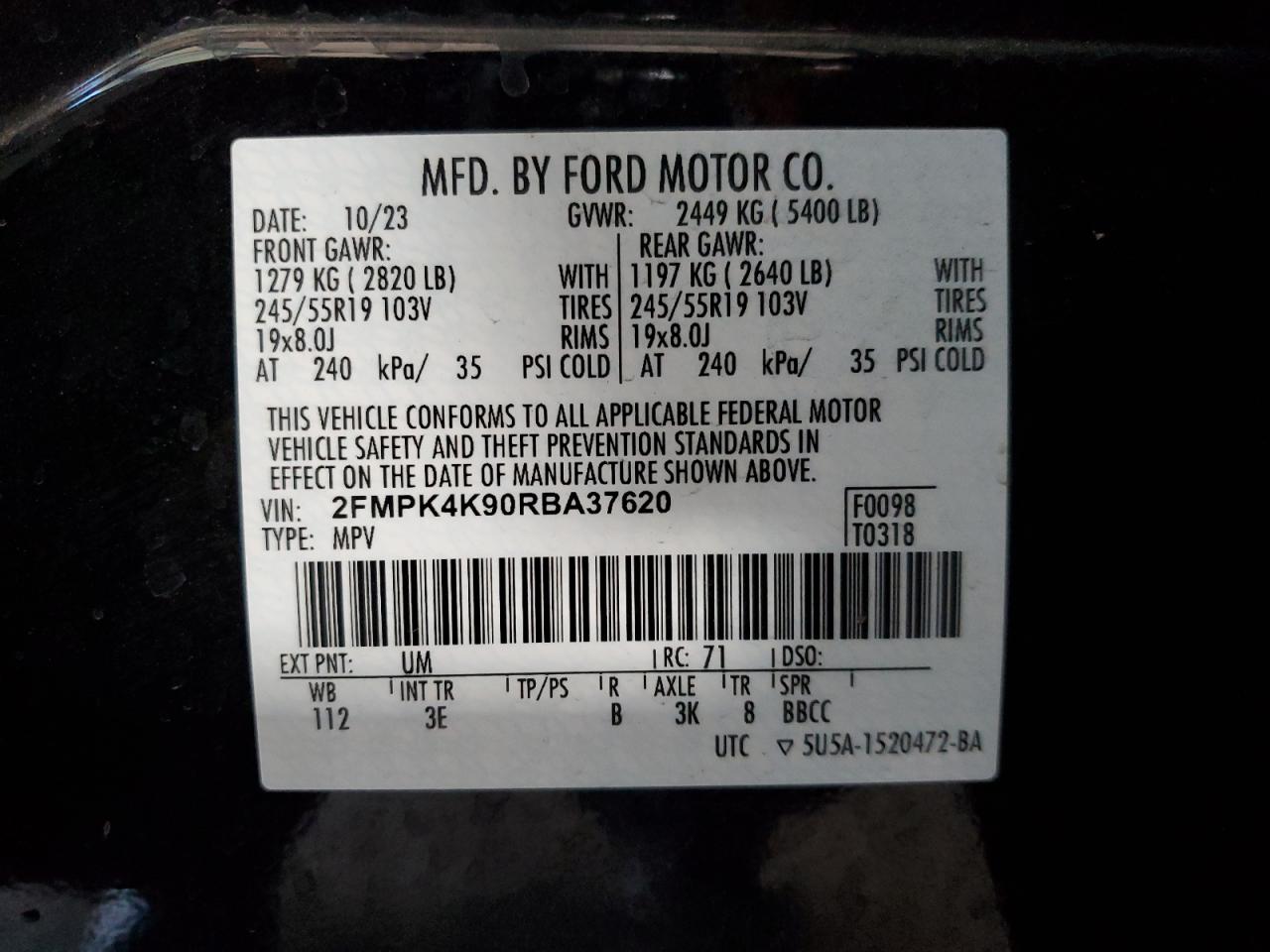 2024 Ford Edge Titanium VIN: 2FMPK4K90RBA37620 Lot: 90679135