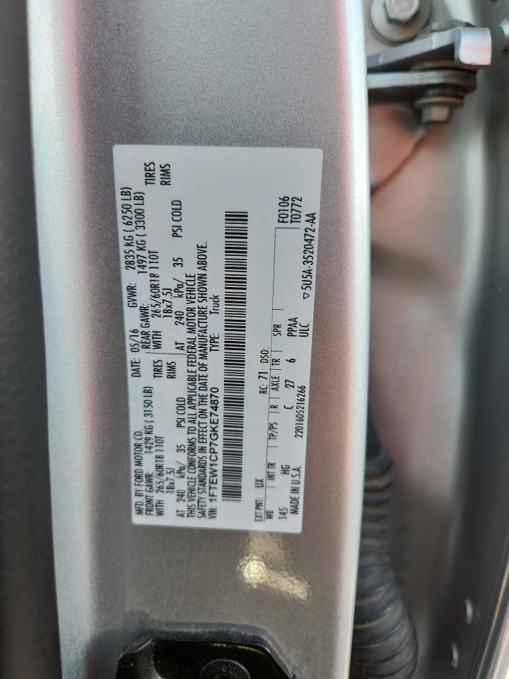 2016 Ford F150 Supercrew VIN: 1FTEW1CP7GKE74870 Lot: 82271345