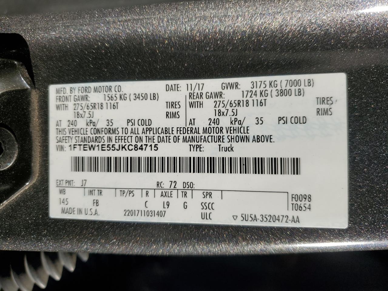 2018 Ford F150 Supercrew VIN: 1FTEW1E55JKC84715 Lot: 82358275