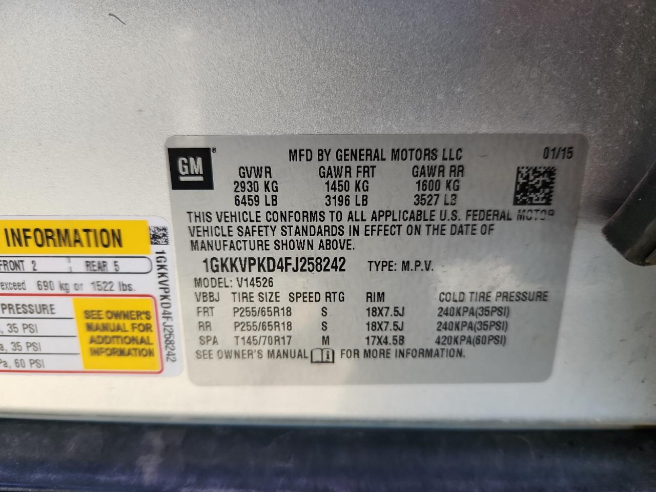 2015 GMC Acadia Sle VIN: 1GKKVPKD4FJ258242 Lot: 90942405