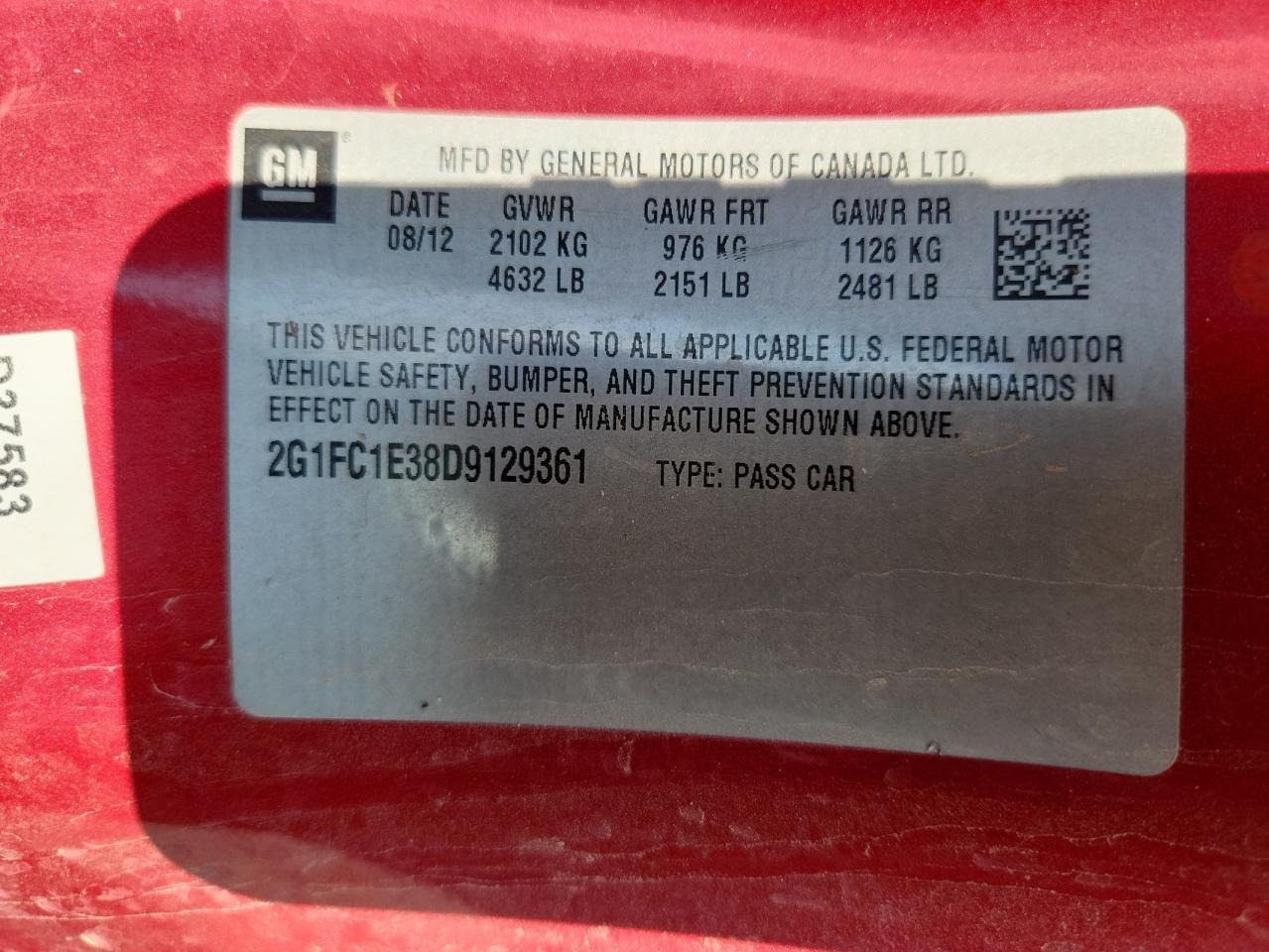 2013 Chevrolet Camaro Lt VIN: 2G1FC1E38D9129361 Lot: 84810945