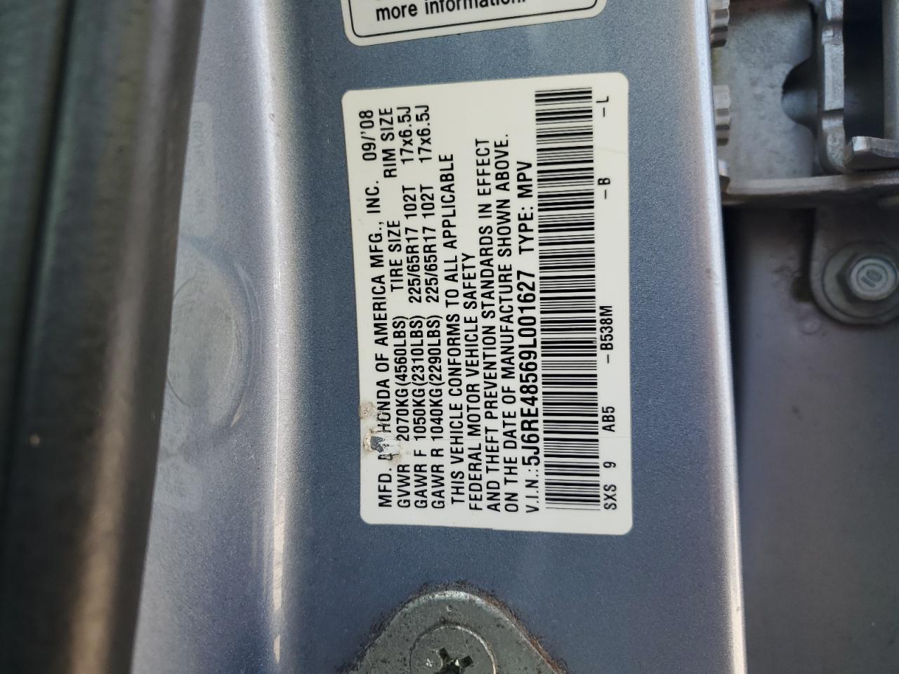 2009 Honda Cr-V Ex VIN: 5J6RE48569L001627 Lot: 84701445