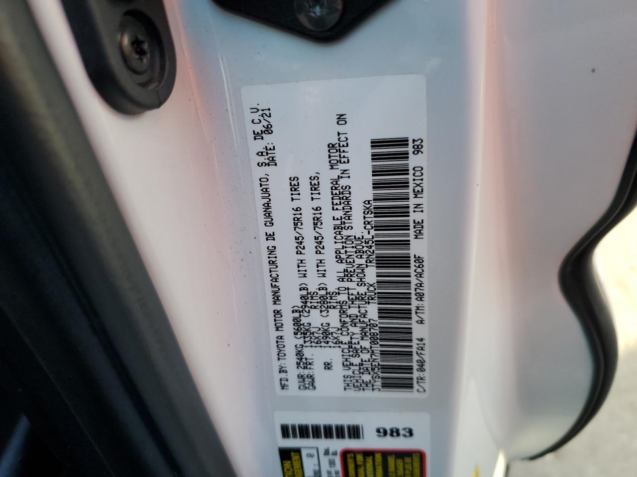 2021 Toyota Tacoma Access Cab VIN: 3TYSX5EN7MT008707 Lot: 85929185