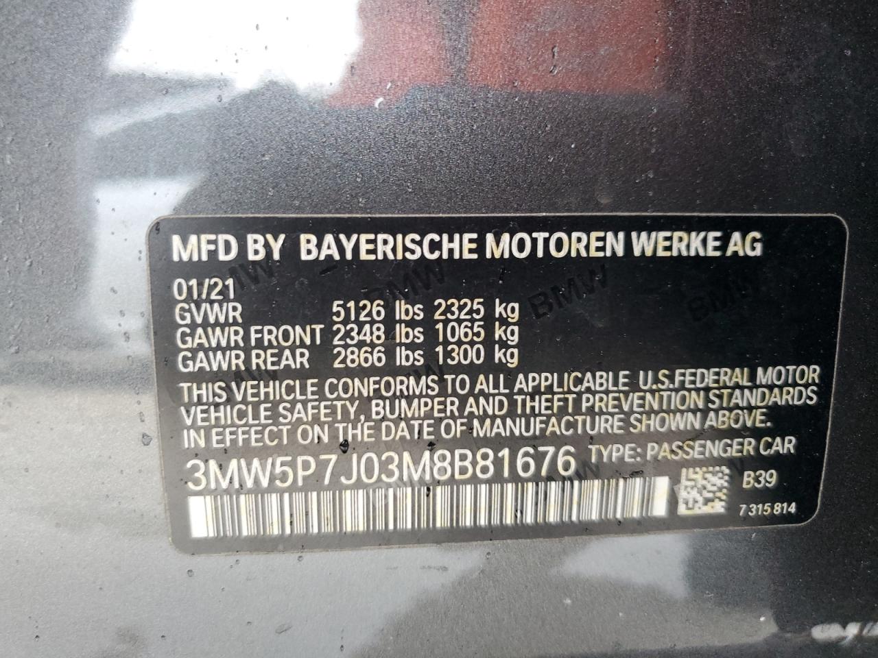 2021 BMW 330E VIN: 3MW5P7J03M8B81676 Lot: 84875625