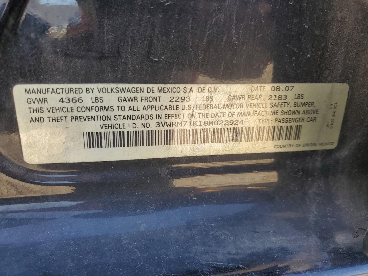 2008 Volkswagen Jetta Se VIN: 3VWRM71K18M022924 Lot: 85579265