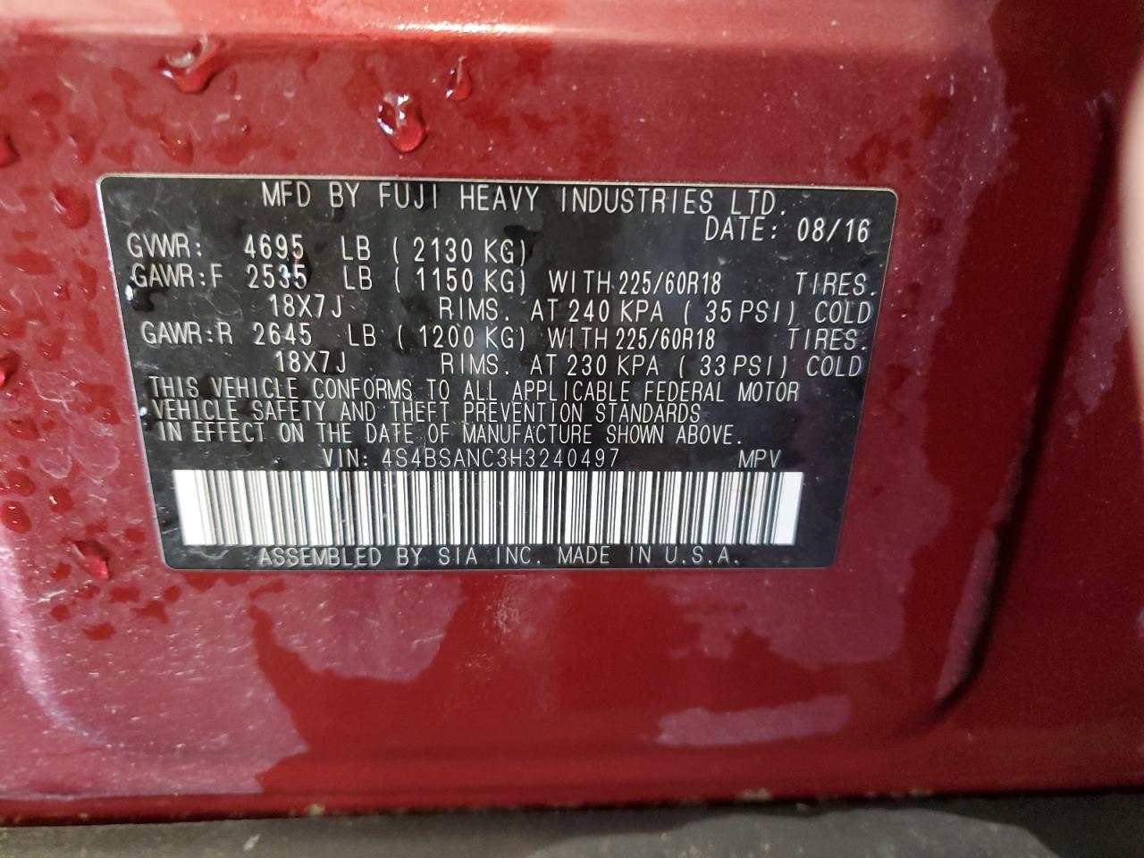 2017 Subaru Outback 2.5I Limited VIN: 4S4BSANC3H3240497 Lot: 85165565