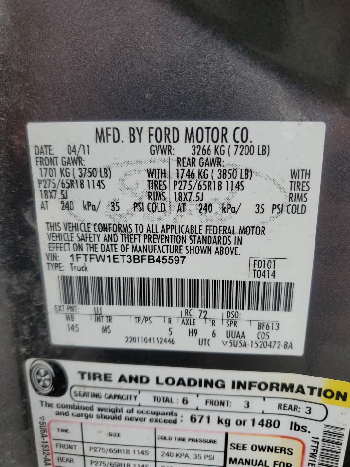 2011 Ford F150 Supercrew VIN: 1FTFW1ET3BFB45597 Lot: 90506115