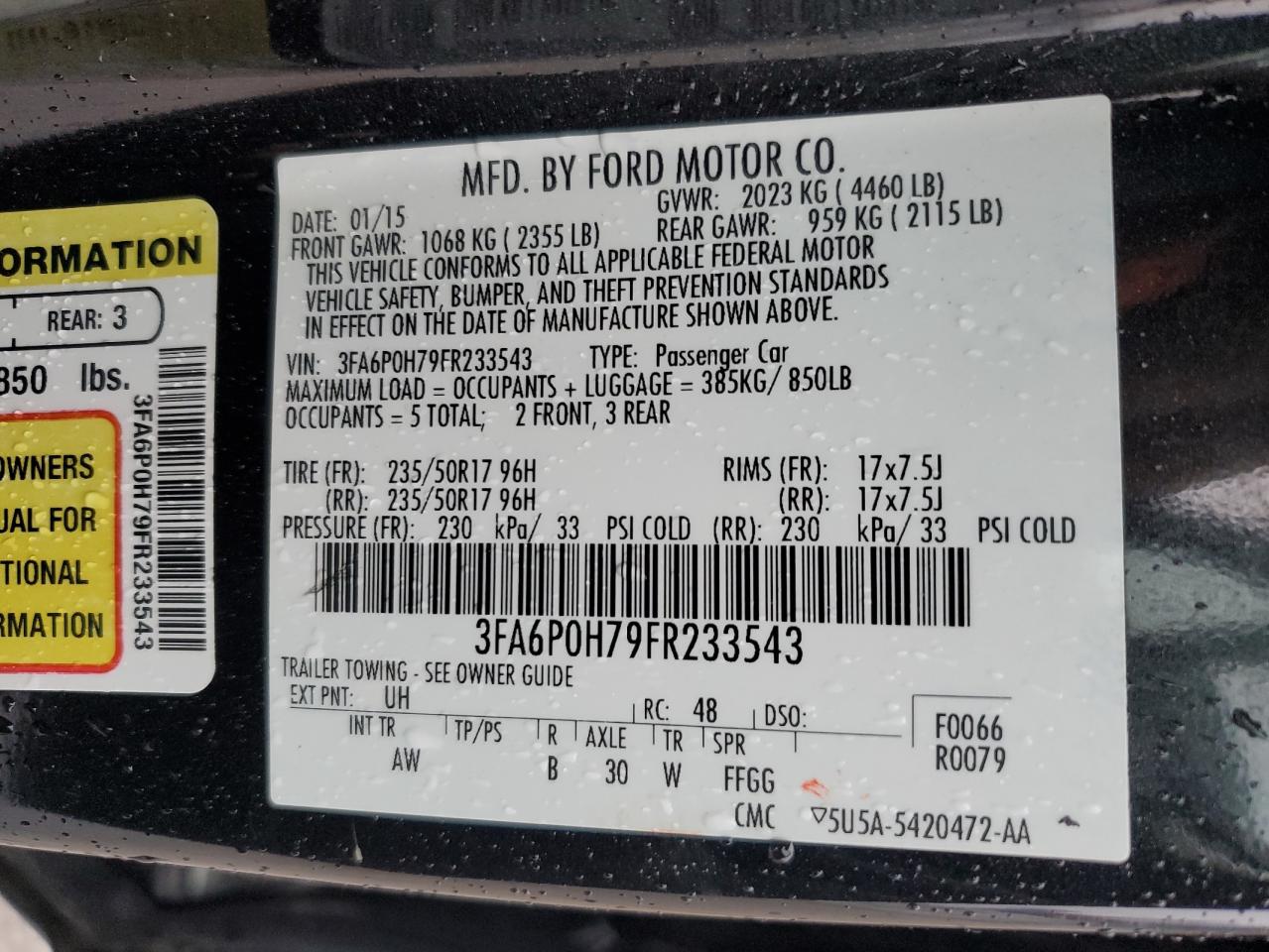 2015 Ford Fusion Se VIN: 3FA6P0H79FR233543 Lot: 90593985