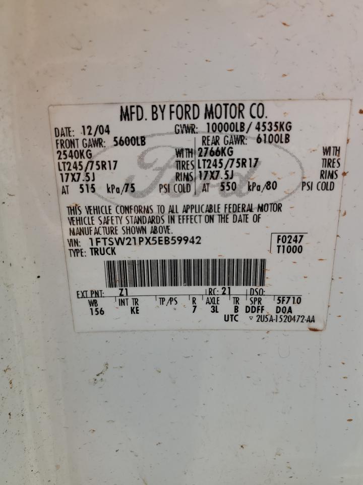 2005 Ford F250 Super Duty VIN: 1FTSW21PX5EB59942 Lot: 84809535
