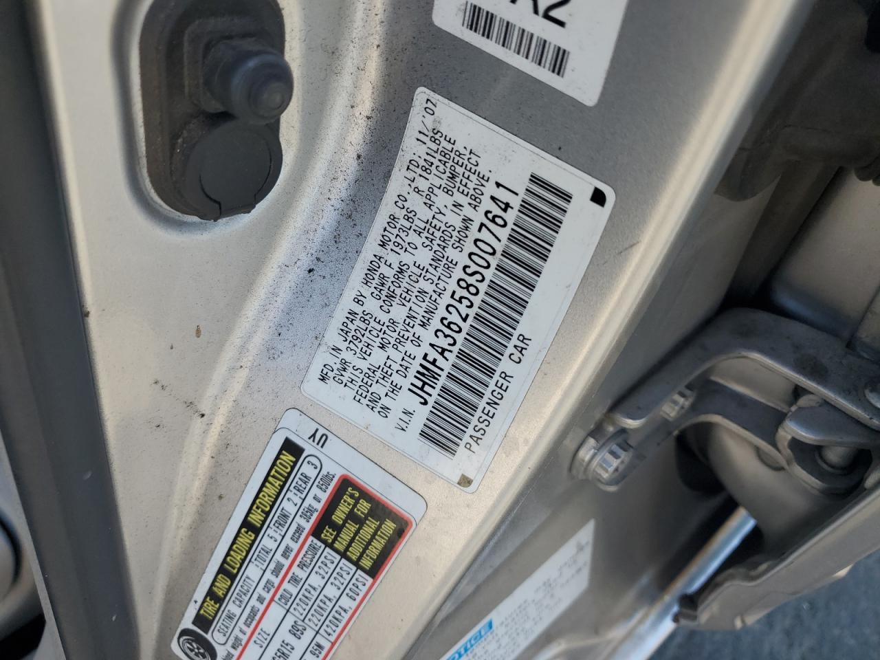 2008 Honda Civic Hybrid VIN: JHMFA36258S007641 Lot: 82455035