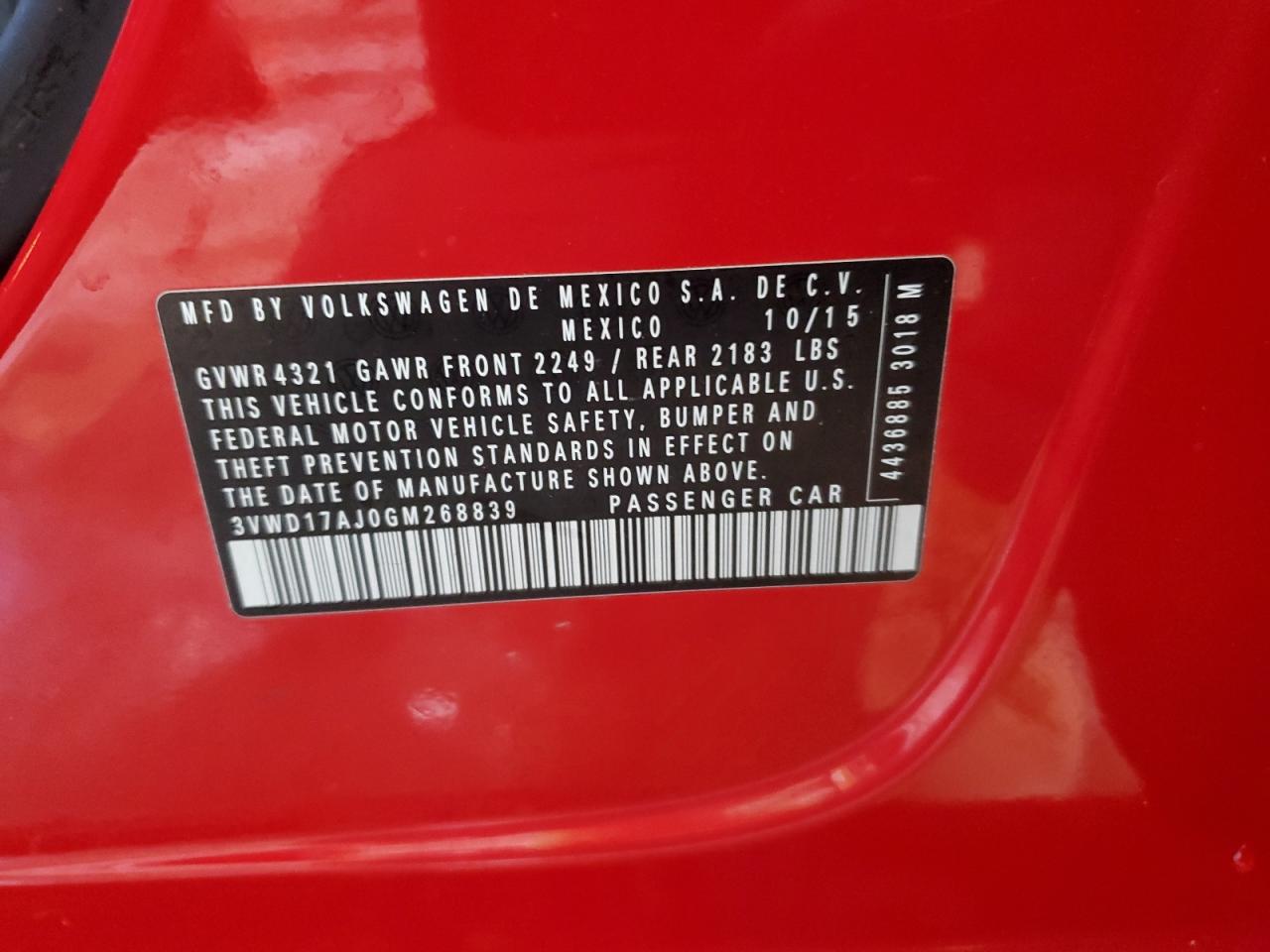 2016 Volkswagen Jetta Sport VIN: 3VWD17AJ0GM268839 Lot: 85751365