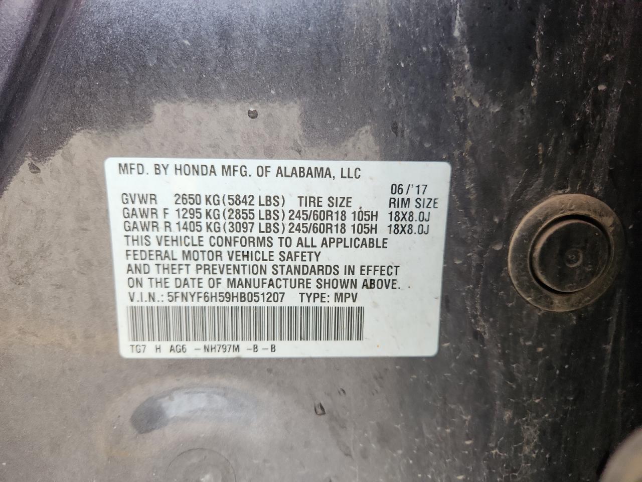 2017 Honda Pilot Exl VIN: 5FNYF6H59HB051207 Lot: 81799125