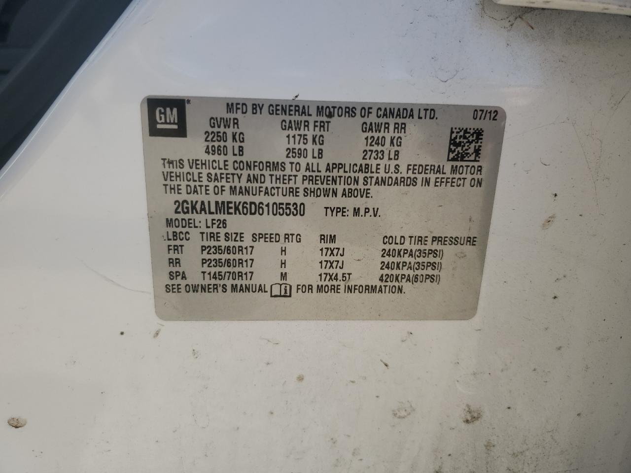 2013 GMC Terrain Sle VIN: 2GKALMEK6D6105530 Lot: 90864085