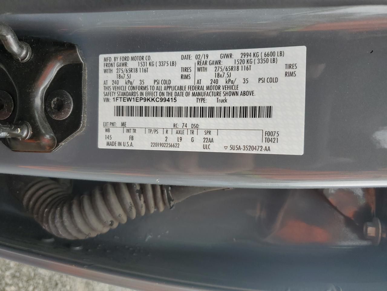 2019 Ford F150 Supercrew VIN: 1FTEW1EP9KKC99415 Lot: 84977585