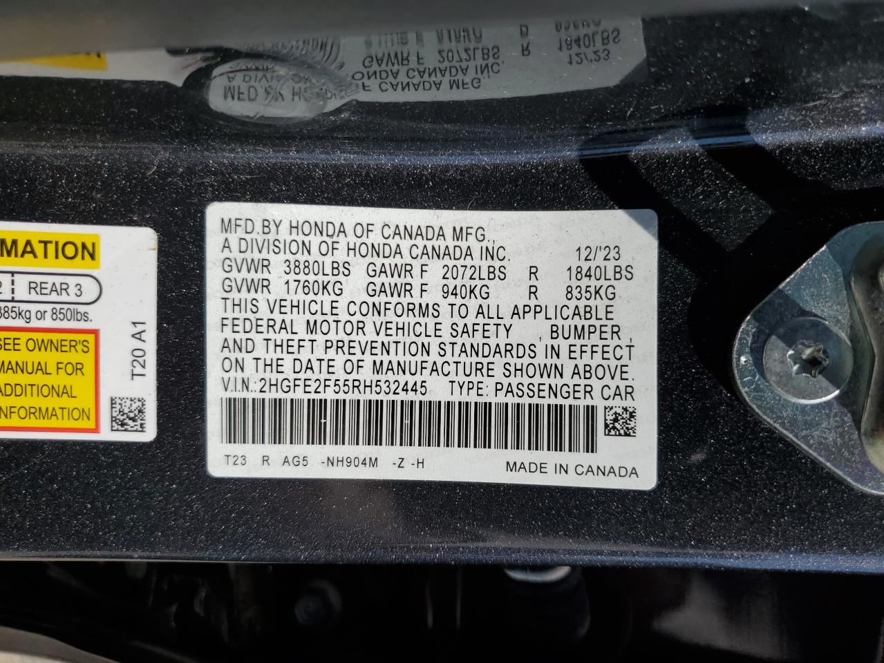 2024 Honda Civic Sport VIN: 2HGFE2F55RH532445 Lot: 84062475
