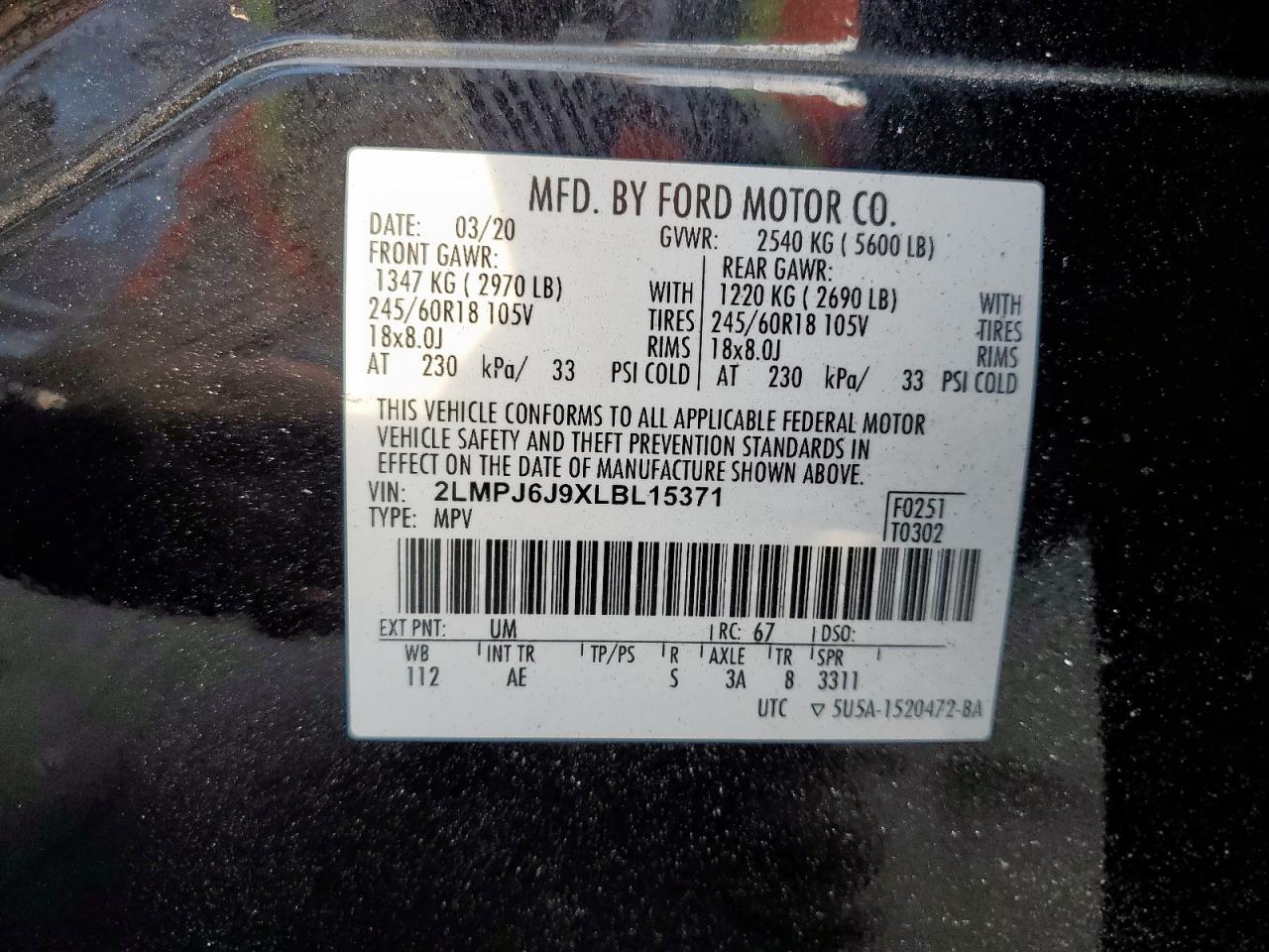 2020 Lincoln Nautilus VIN: 2LMPJ6J9XLBL15371 Lot: 82309485