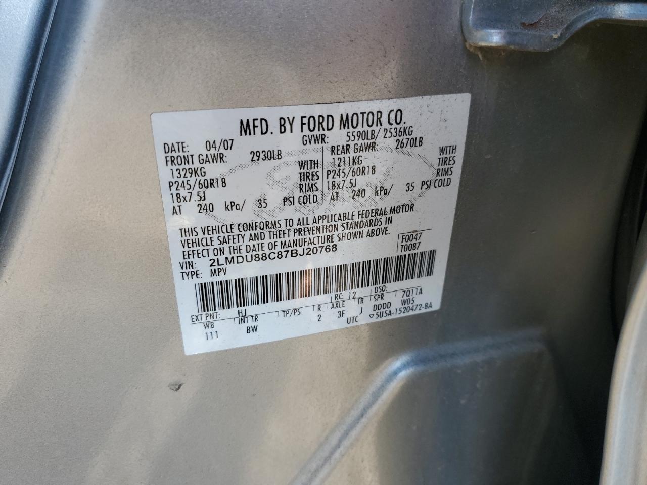 2007 Lincoln Mkx VIN: 2LMDU88C87BJ20768 Lot: 89486165