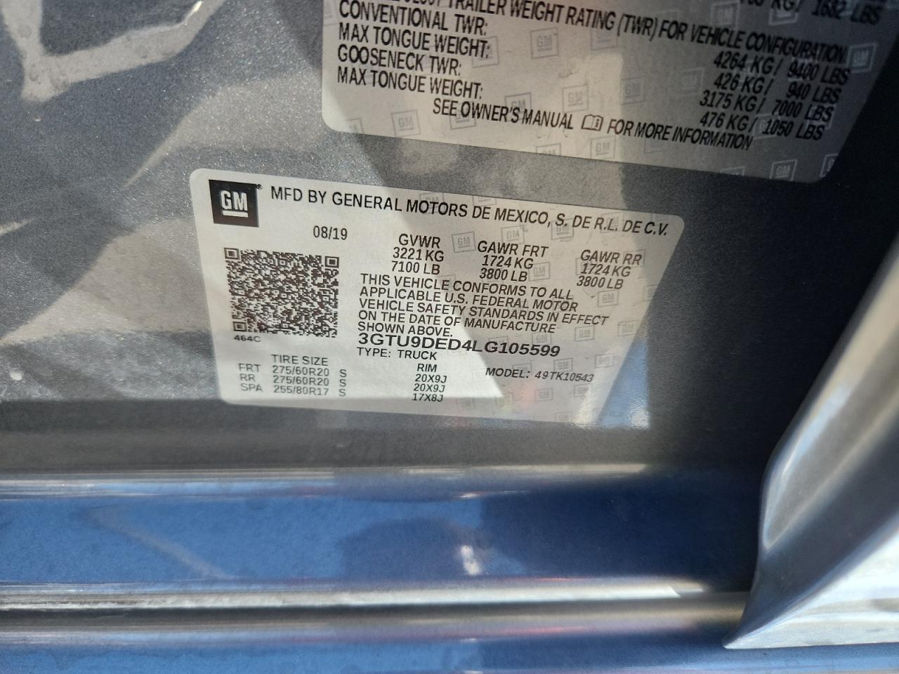 2020 GMC Sierra K1500 Slt VIN: 3GTU9DED4LG105599 Lot: 86109915