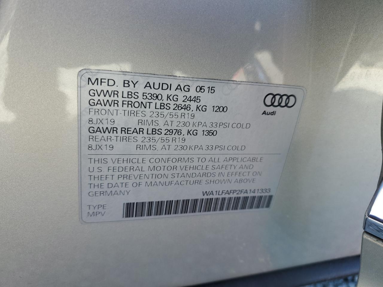 2015 Audi Q5 Premium Plus VIN: WA1LFAFP2FA141333 Lot: 82708005