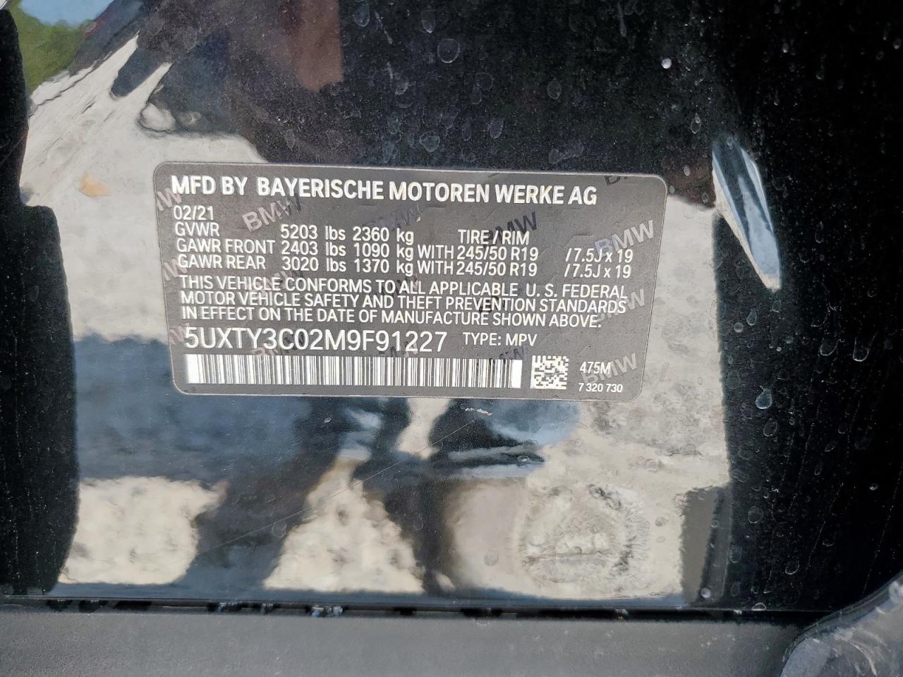 2021 BMW X3 Sdrive30I VIN: 5UXTY3C02M9F91227 Lot: 84812145