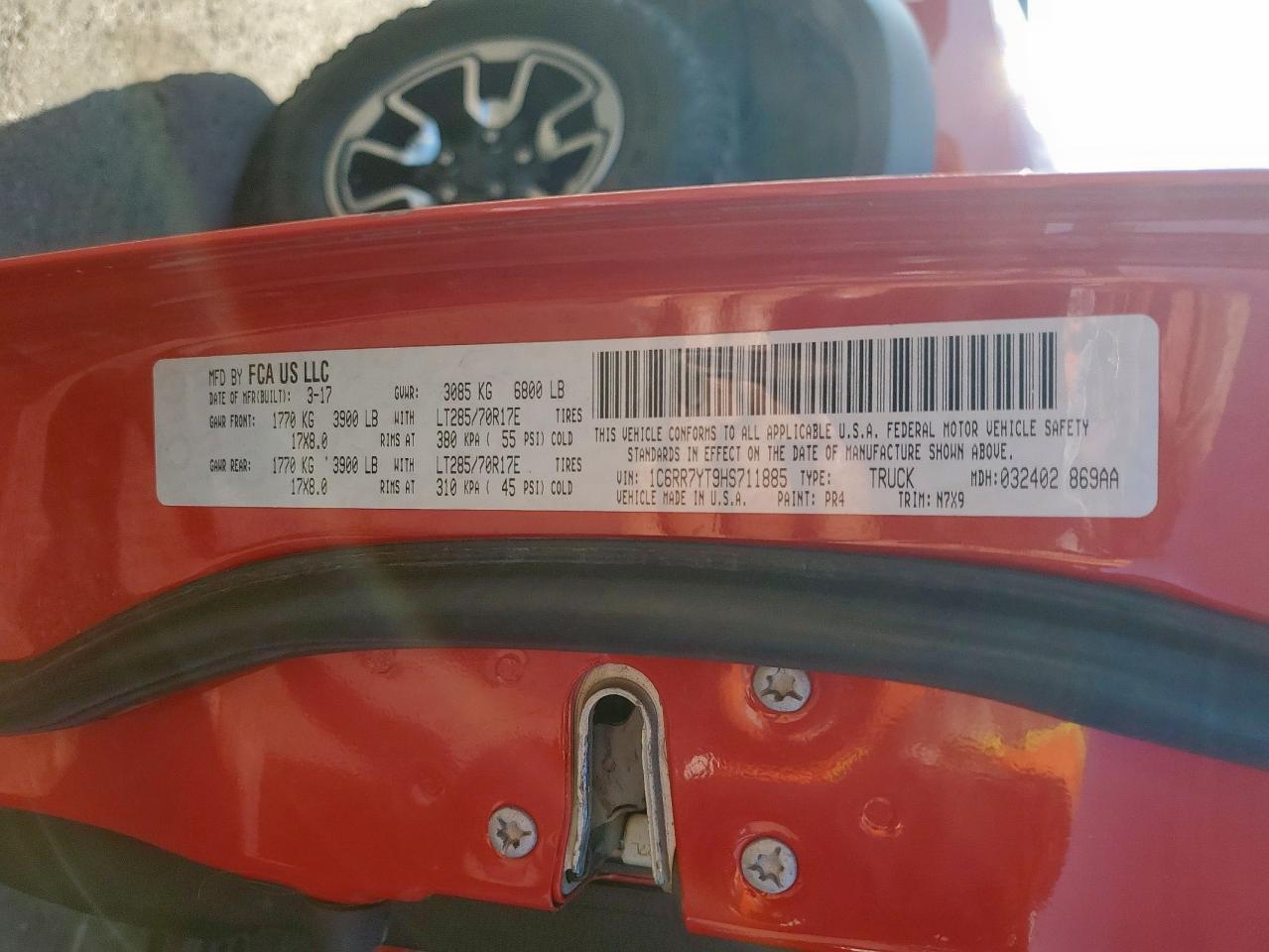 2017 Ram 1500 Rebel VIN: 1C6RR7YT9HS711885 Lot: 85373165