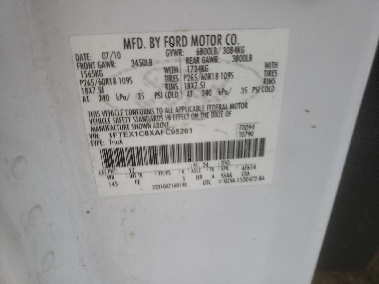 2010 Ford F150 Super Cab VIN: 1FTEX1C8XAFC95261 Lot: 89542585