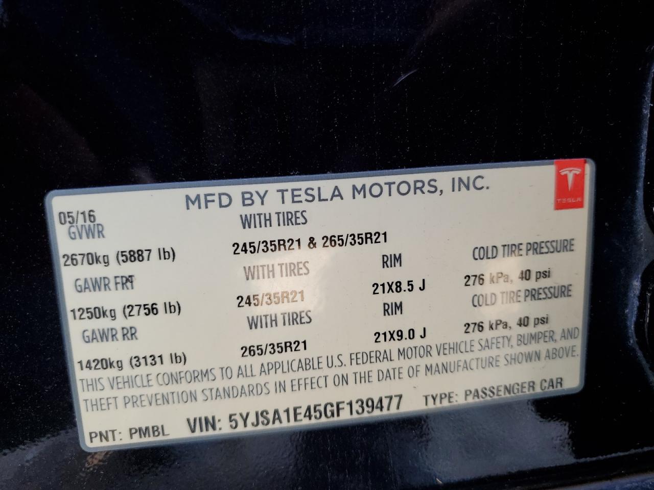 2016 Tesla Model S VIN: 5YJSA1E45GF139477 Lot: 82681965