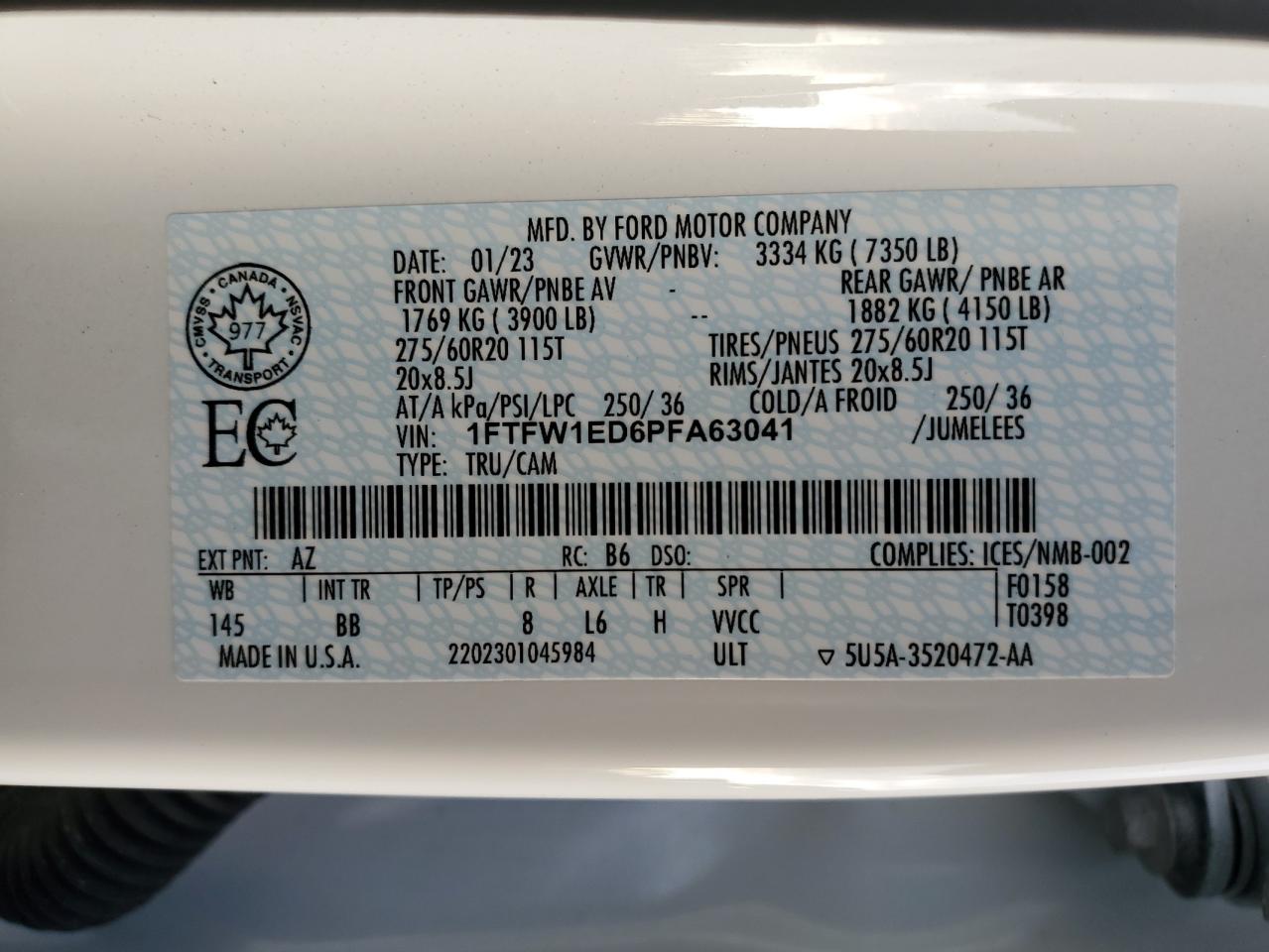 2023 Ford F150 Supercrew VIN: 1FTFW1ED6PFA63041 Lot: 84274865