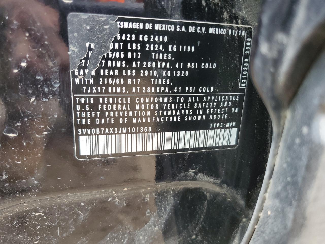 2018 Volkswagen Tiguan S VIN: 3VV0B7AX3JM101368 Lot: 85386605