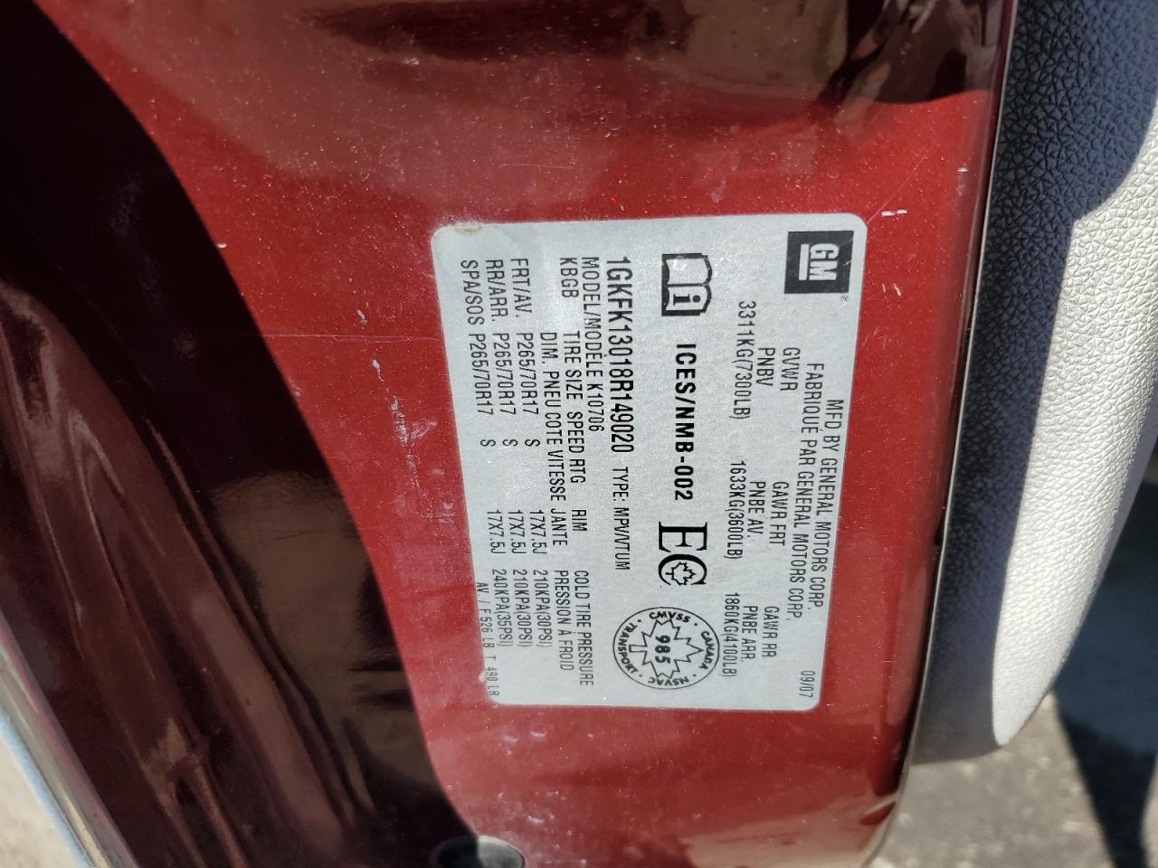 2008 GMC Yukon VIN: 1GKFK13018R149020 Lot: 89503965