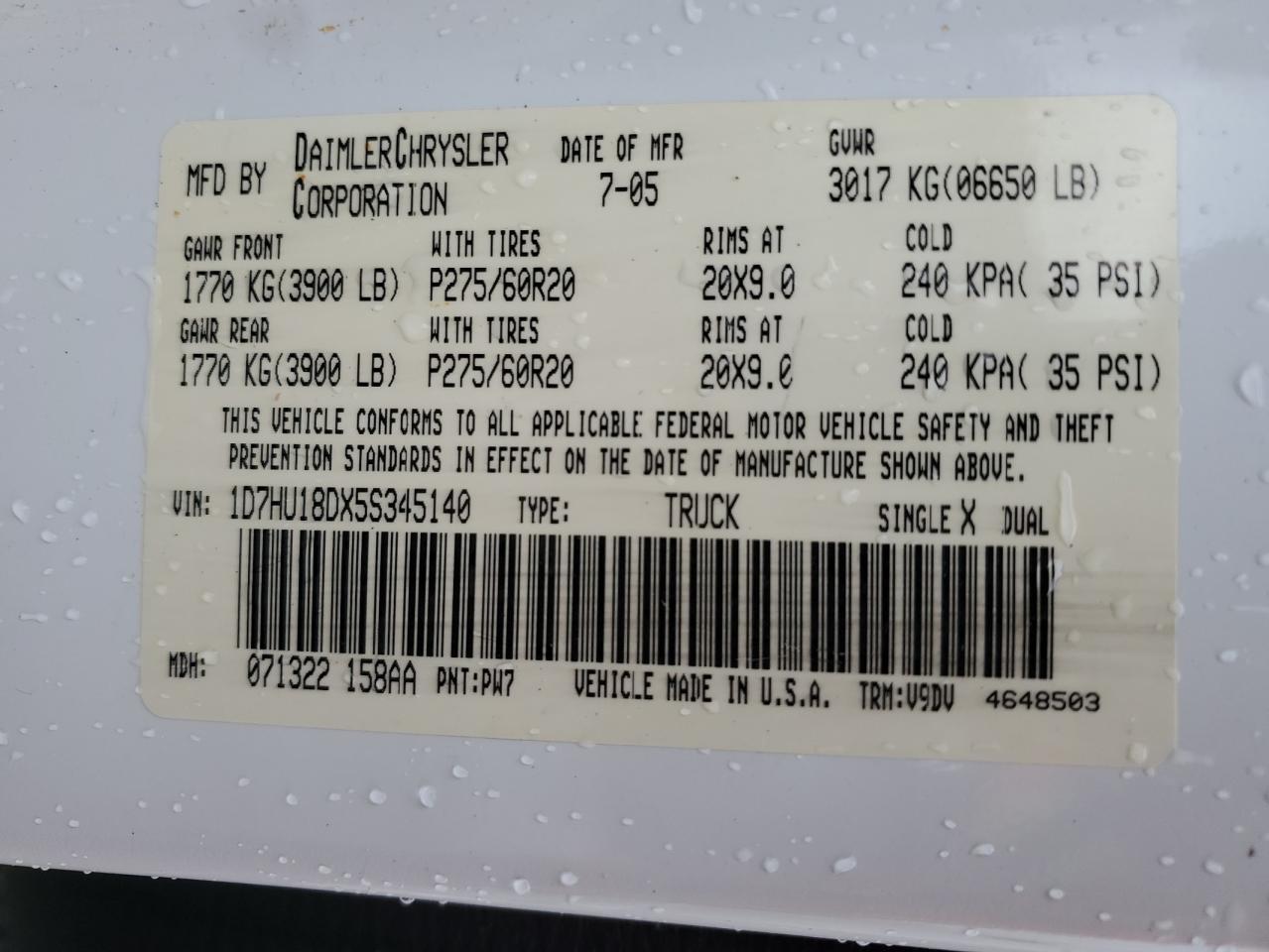 2005 Dodge Ram 1500 St VIN: 1D7HU18DX5S345140 Lot: 86195295