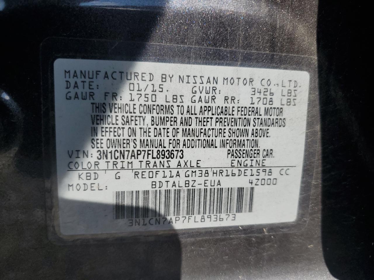 2015 Nissan Versa S VIN: 3N1CN7AP7FL893673 Lot: 82036515