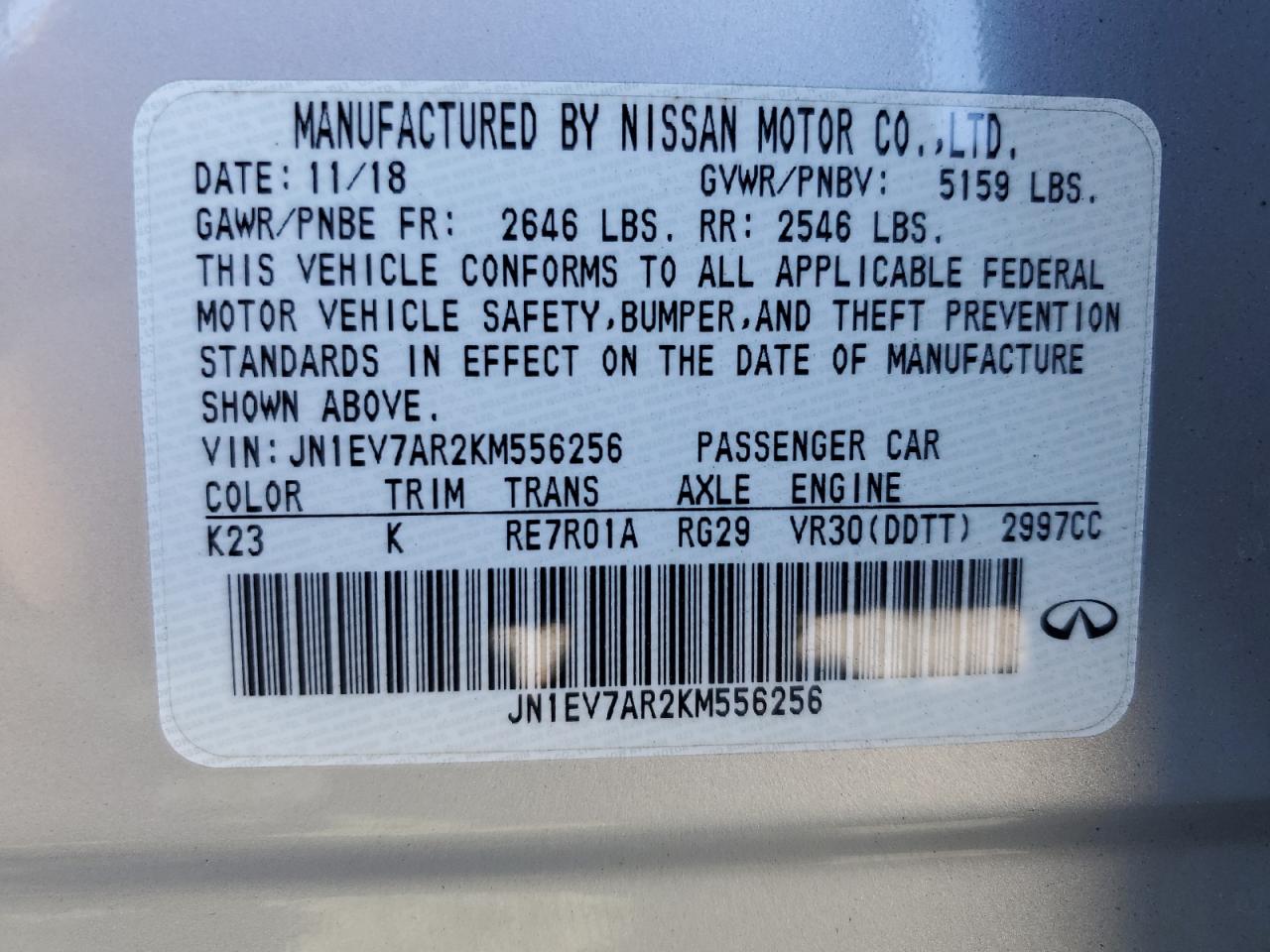 2019 Infiniti Q50 Luxe VIN: JN1EV7AR2KM556256 Lot: 82312105