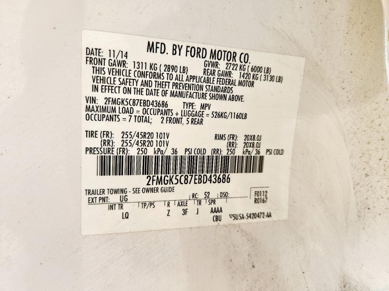 2014 Ford Flex Sel VIN: 2FMGK5C87EBD43686 Lot: 85580115