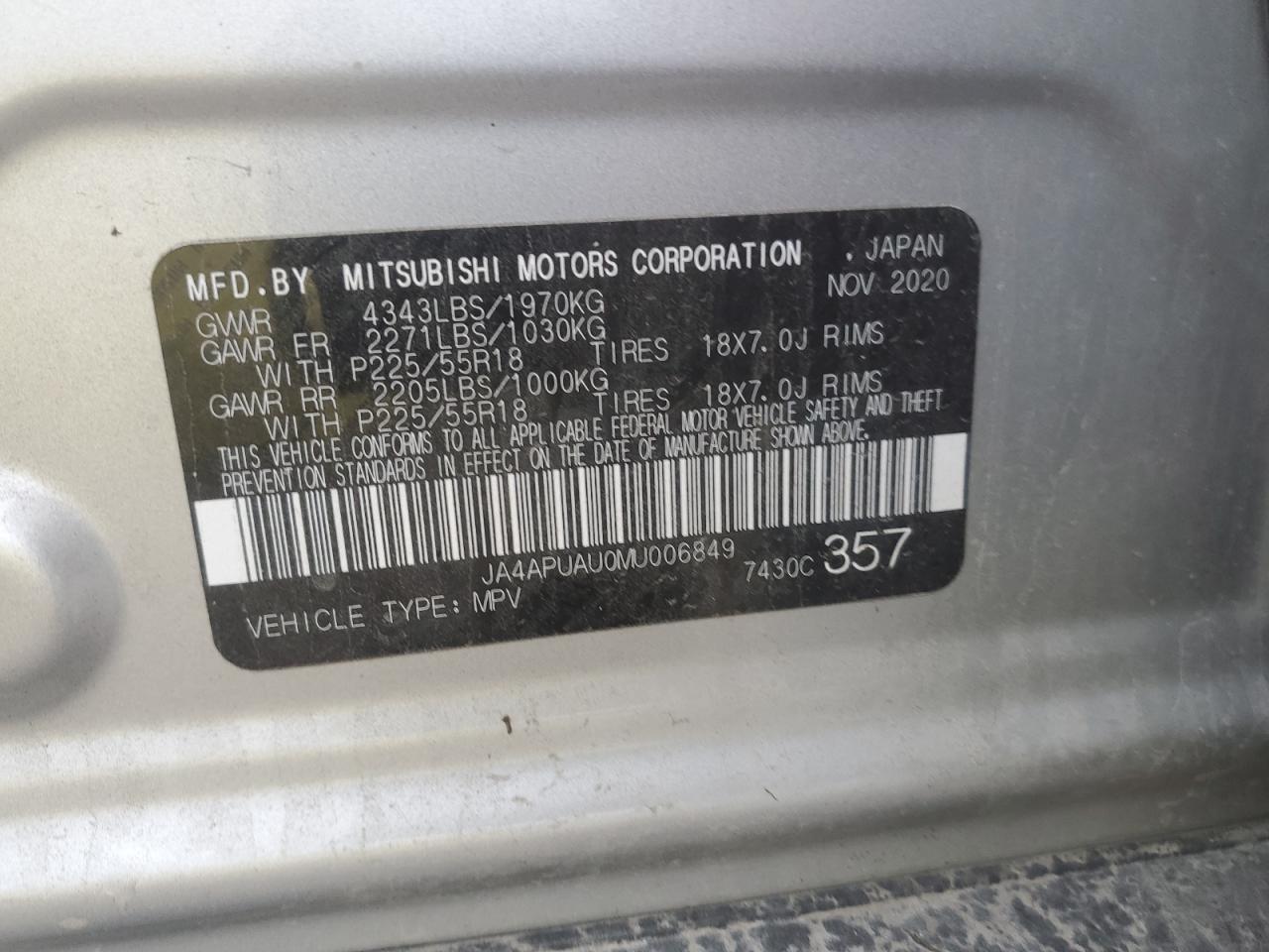 2021 Mitsubishi Outlander Sport Es VIN: JA4APUAU0MU006849 Lot: 85396245