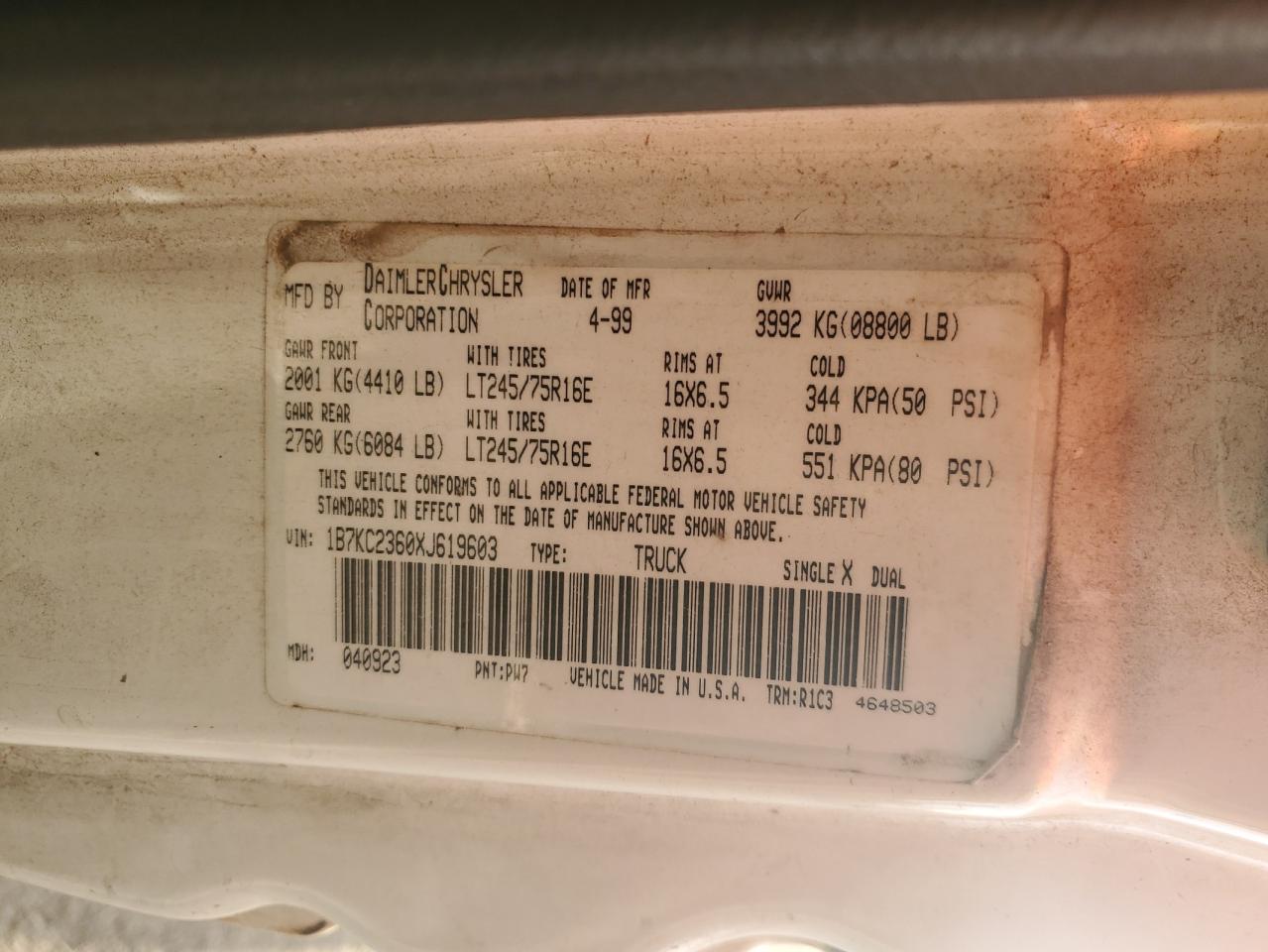 1999 Dodge Ram 2500 VIN: 1B7KC2360XJ619603 Lot: 84561245