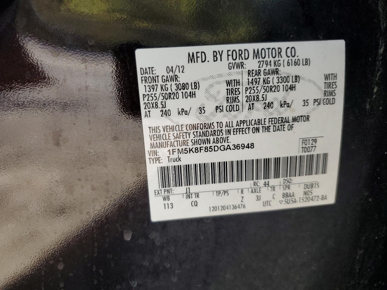 2013 Ford Explorer Limited VIN: 1FM5K8F85DGA36948 Lot: 86084545