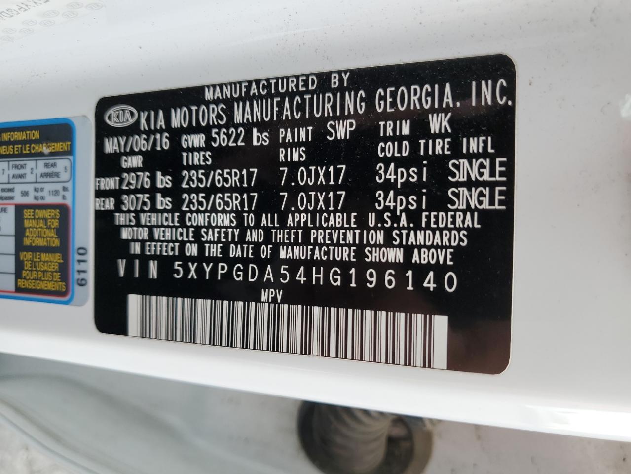 2017 Kia Sorento Lx VIN: 5XYPGDA54HG196140 Lot: 82333275